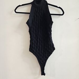 Forever 21 Black Mock Neck Textured Bodysuit Size Small Sleeveless Fitted